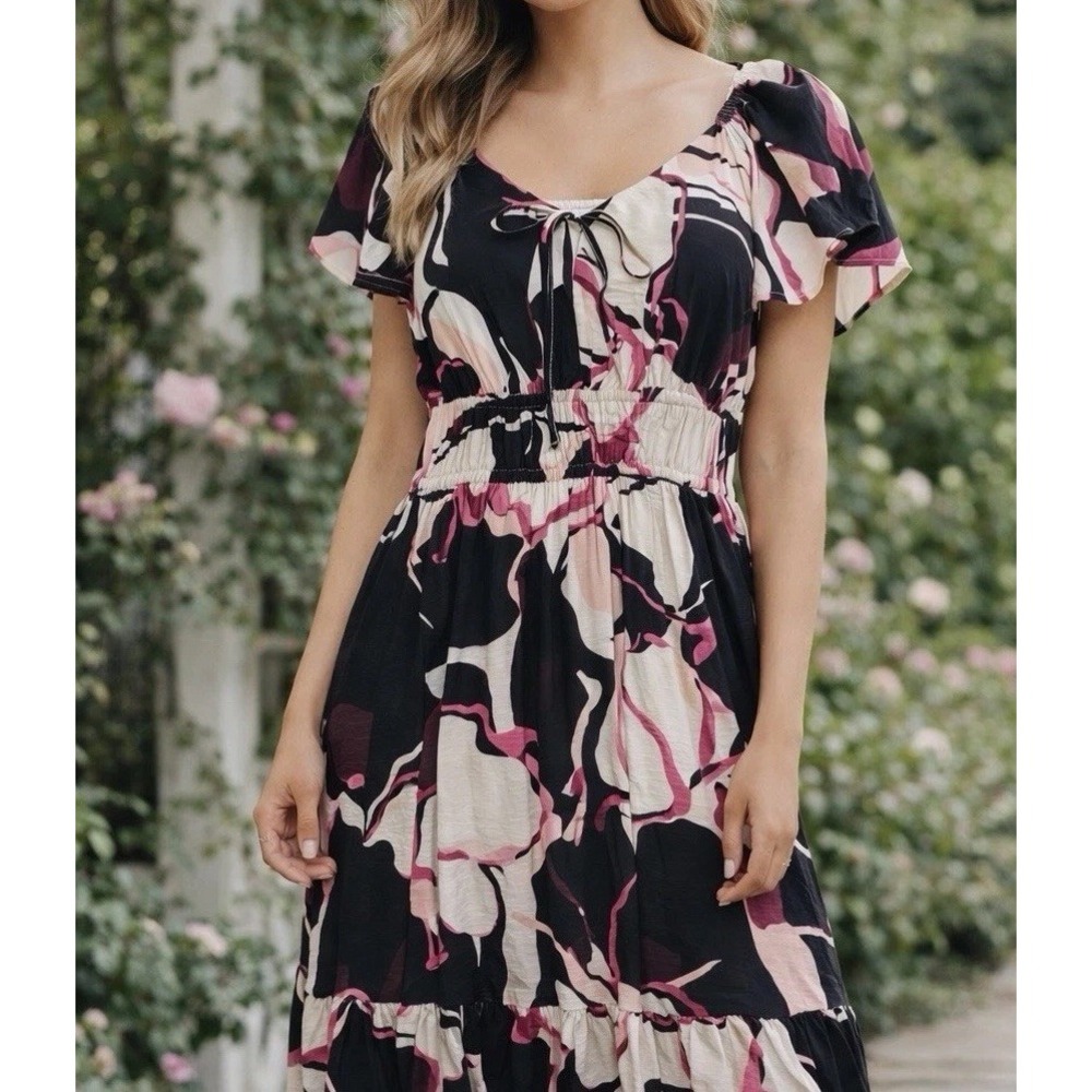 Nine West Midi Dress Womens S Black Pink NWT Abstract Floral Smocked Tiered Boho
